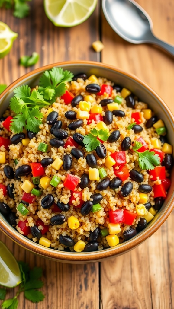 A vibrant quinoa and black bean salad with fresh vegetables and cilantro, served in a bowl on a wooden table.